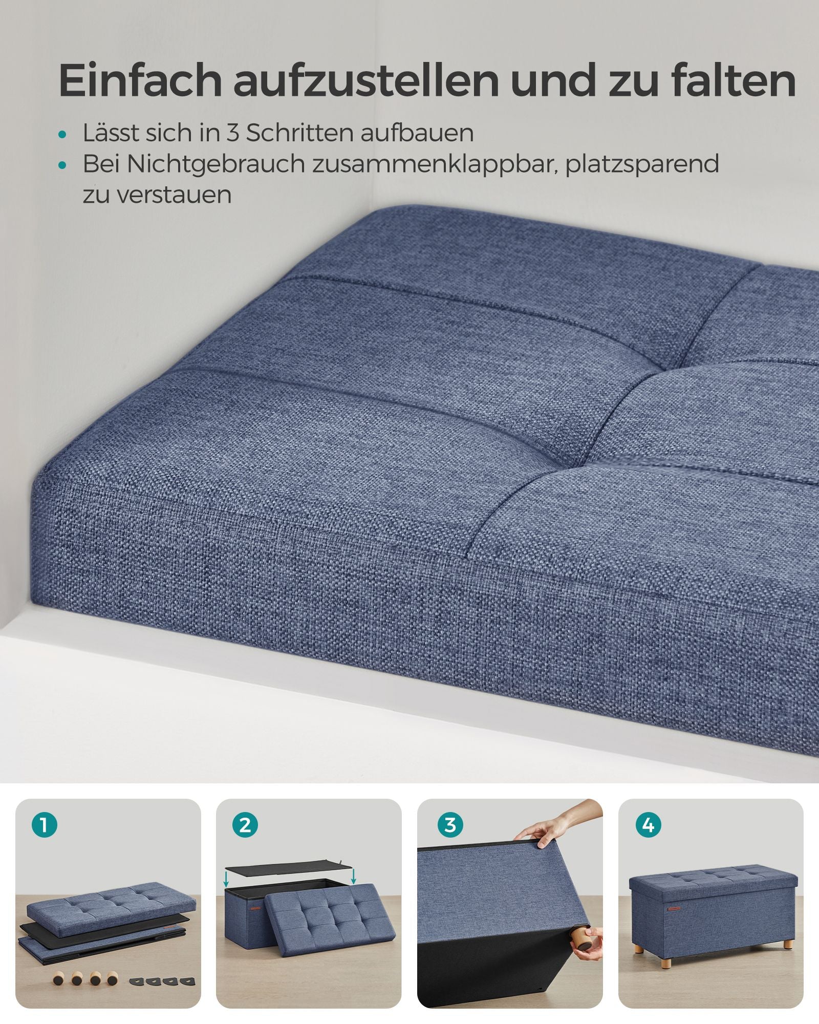 Bank - faltbar - mit Speicherplatz - 38 × 76 × 40 cm - helles Denimblau
