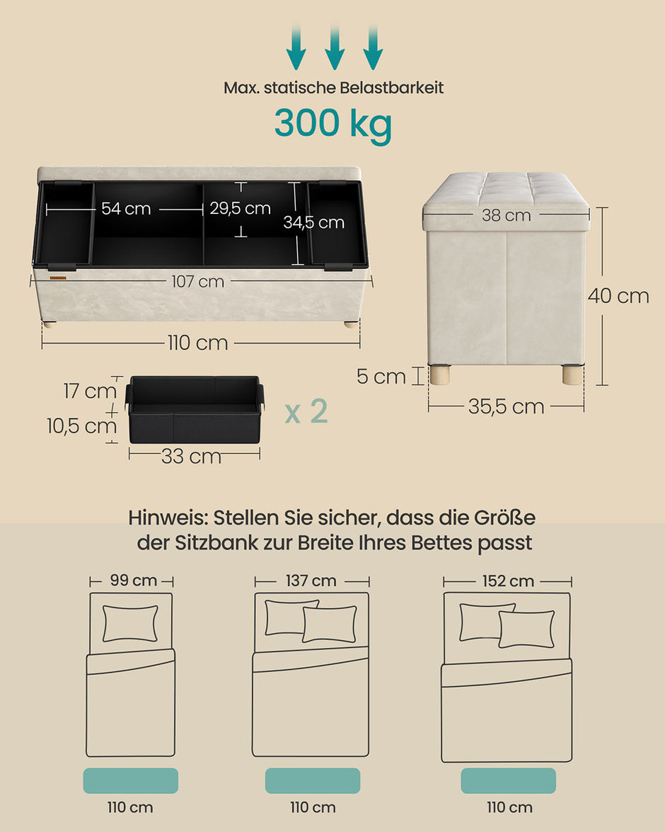 Speicherbank mit Deckel - 110x38x40 cm - Fußbank 112L - Beige