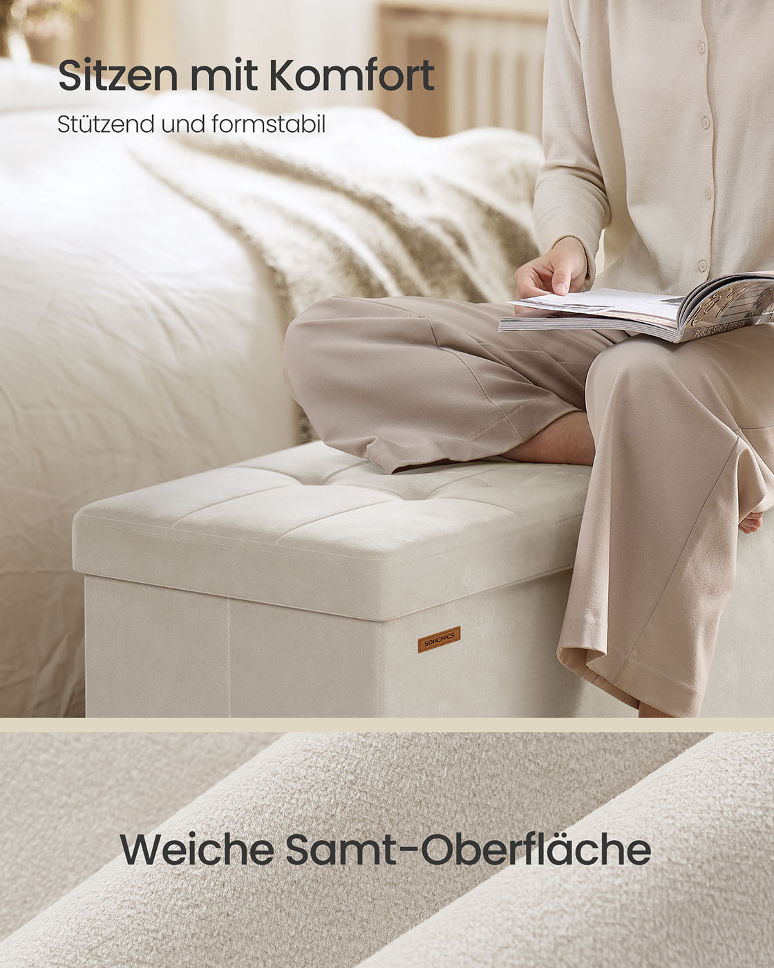 Speicherbank mit Deckel - 110x38x40 cm - Fußbank 112L - Beige