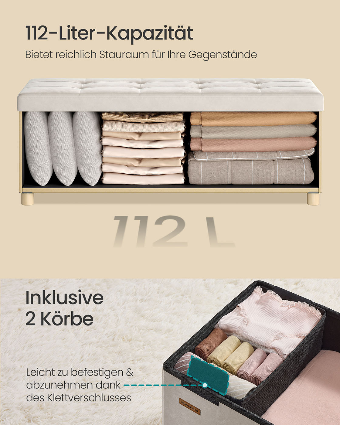 Speicherbank mit Deckel - 110x38x40 cm - Fußbank 112L - Beige