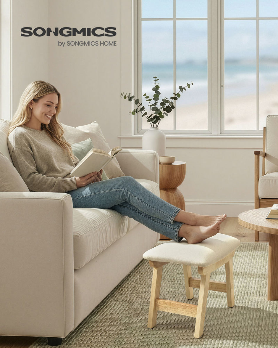 Zitbankje – Houten Poten – Linnenlook – Voetenbank voor Hal of Slaapkamer – Beige