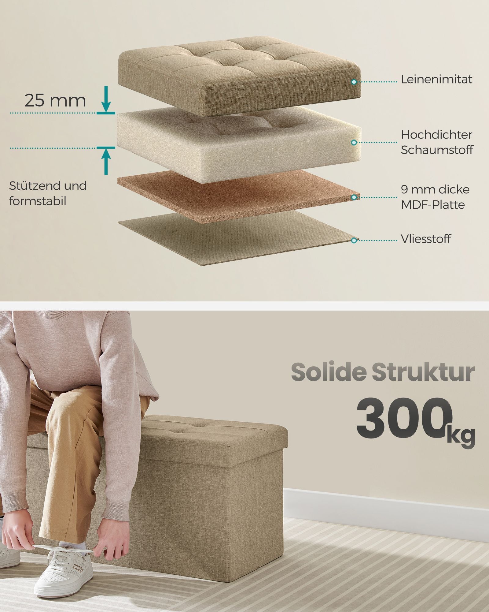 Sofa - mit Stauraum - 38 × 110 × 38 cm - Kamelbraun