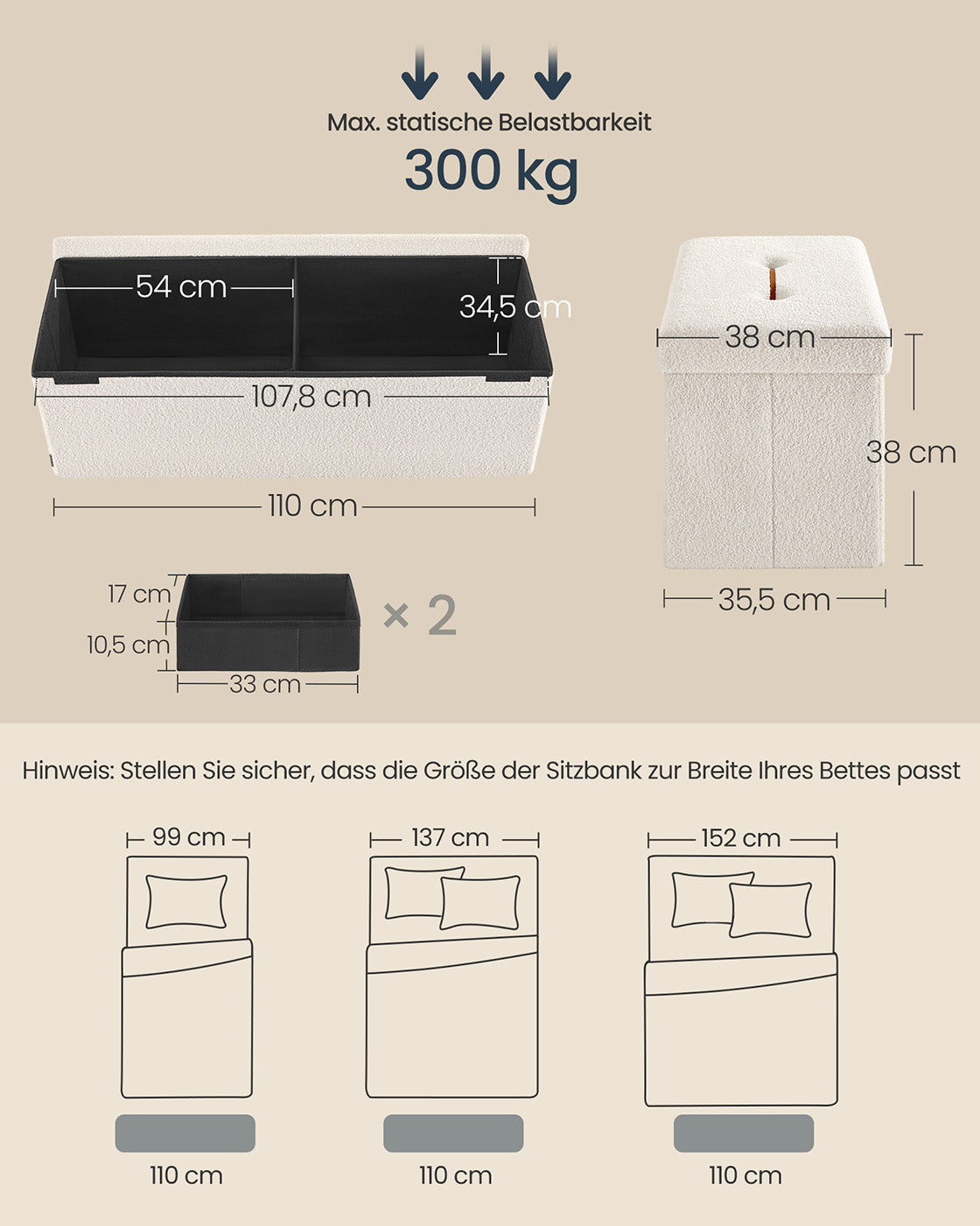 Stuhl mit Stauraum 38 x 110 x 38 cm Creme Weiß