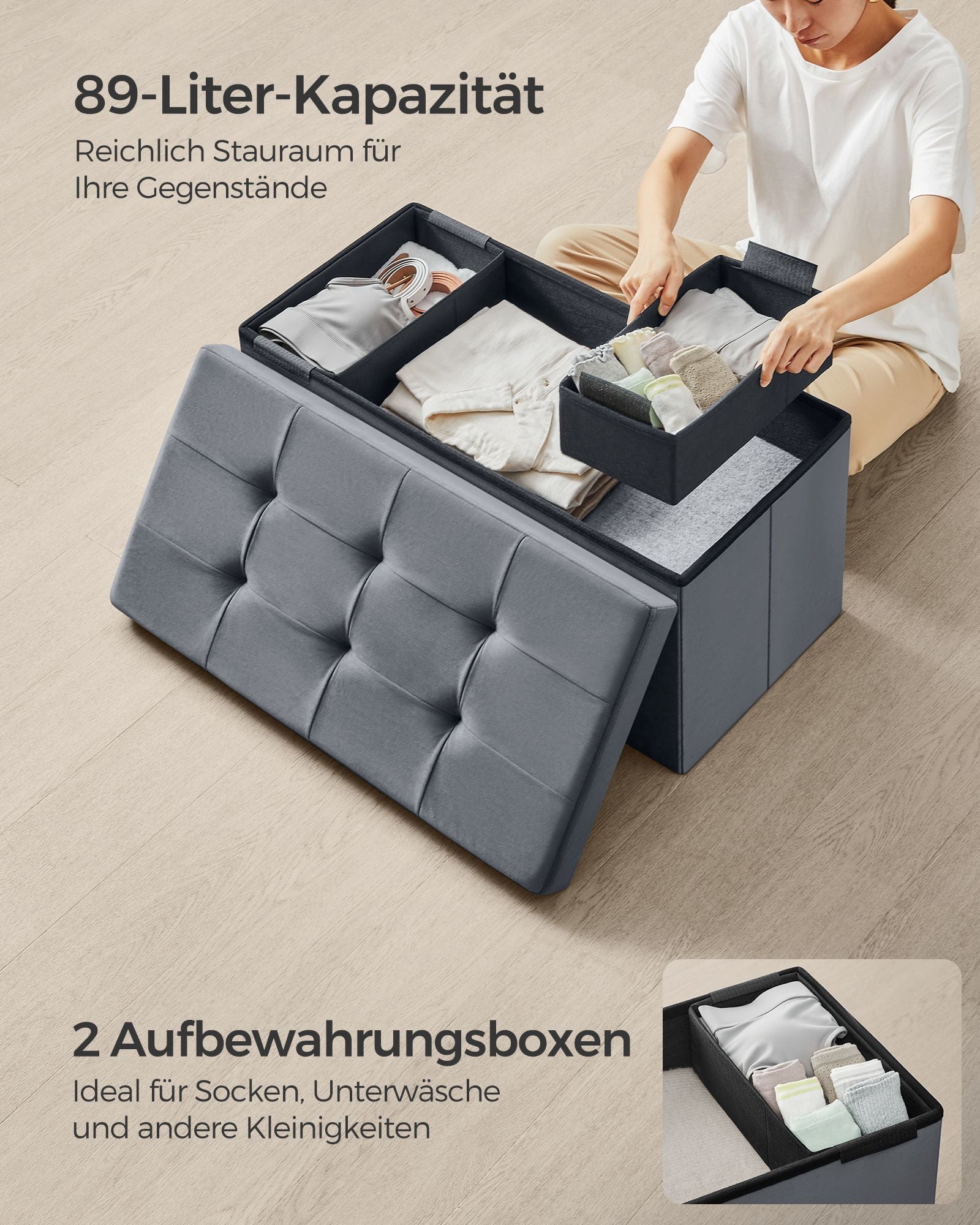 Bank - mit Stauraum - Samt - für Wohnzimmer - LEIRGRIJS