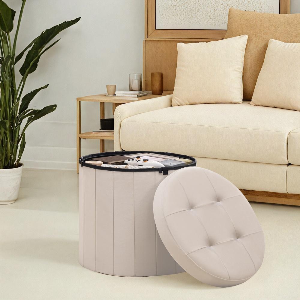 Poef - Rond - Met Opbergruimte - Afneembaar Deksel - Cappuccino Beige