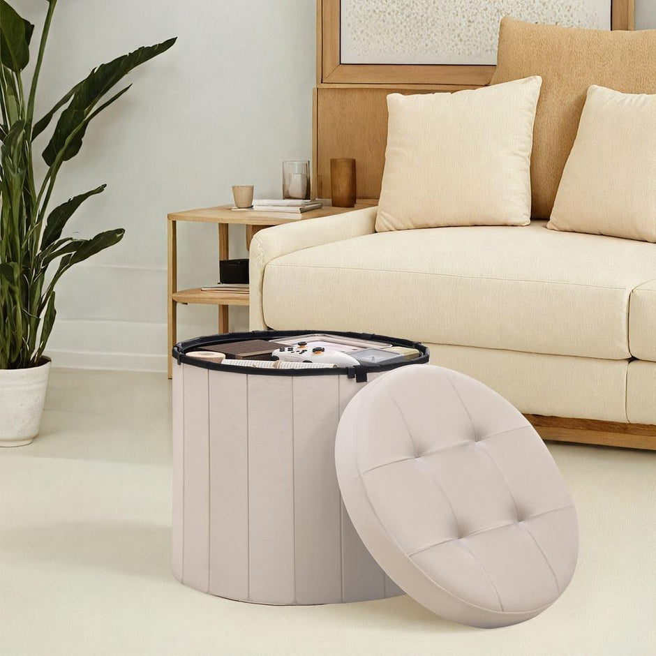 Poef - Rond - Met Opbergruimte - Afneembaar Deksel - Cappuccino Beige