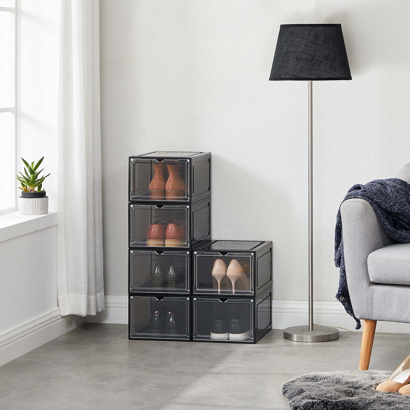 Schuhkartons - Plastikschuhspeicher mit Tür - transparent/schwarz