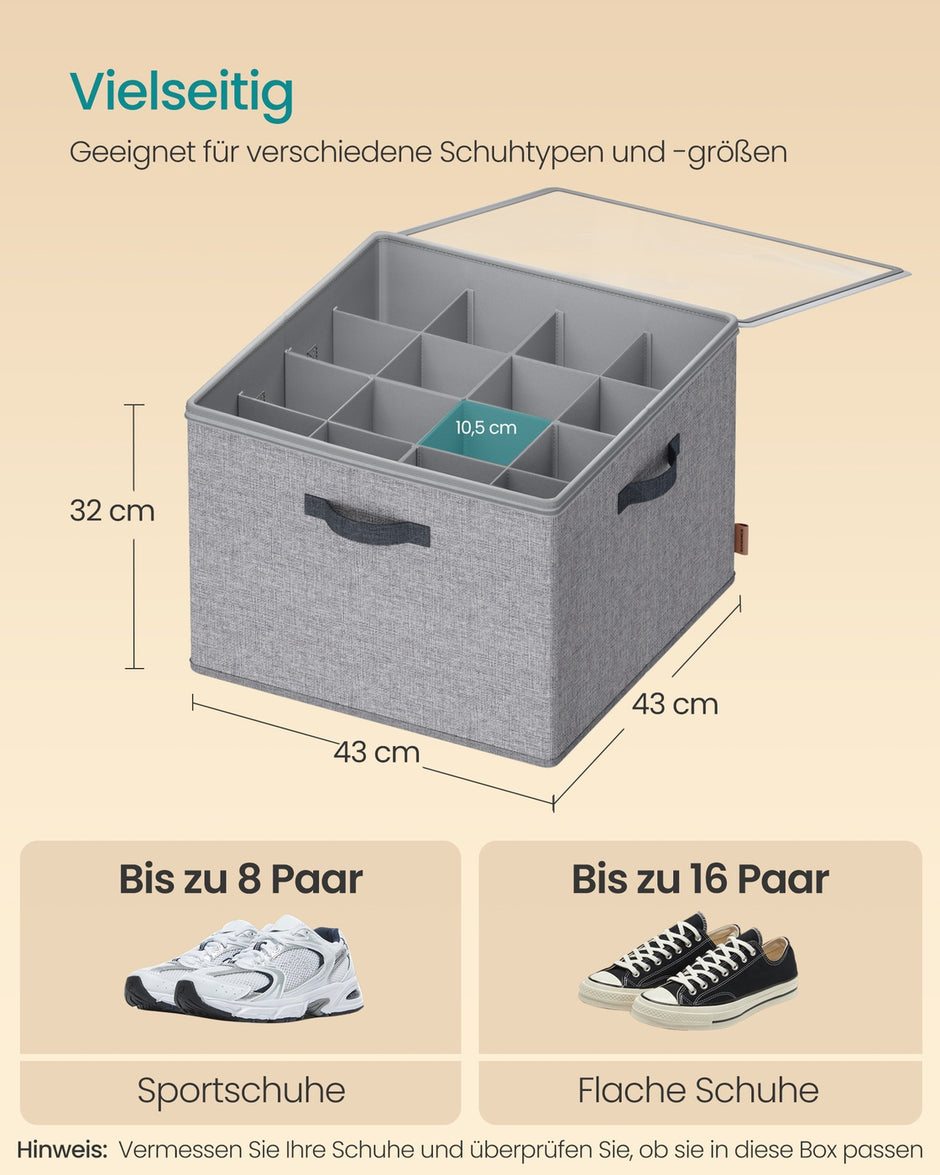 Schoenorganizer - 43 x 43 x 32 cm - tot 16 paar schoenen - verstelbare tussenschotten - duifgrijs - maximaal 18 kg per organizer