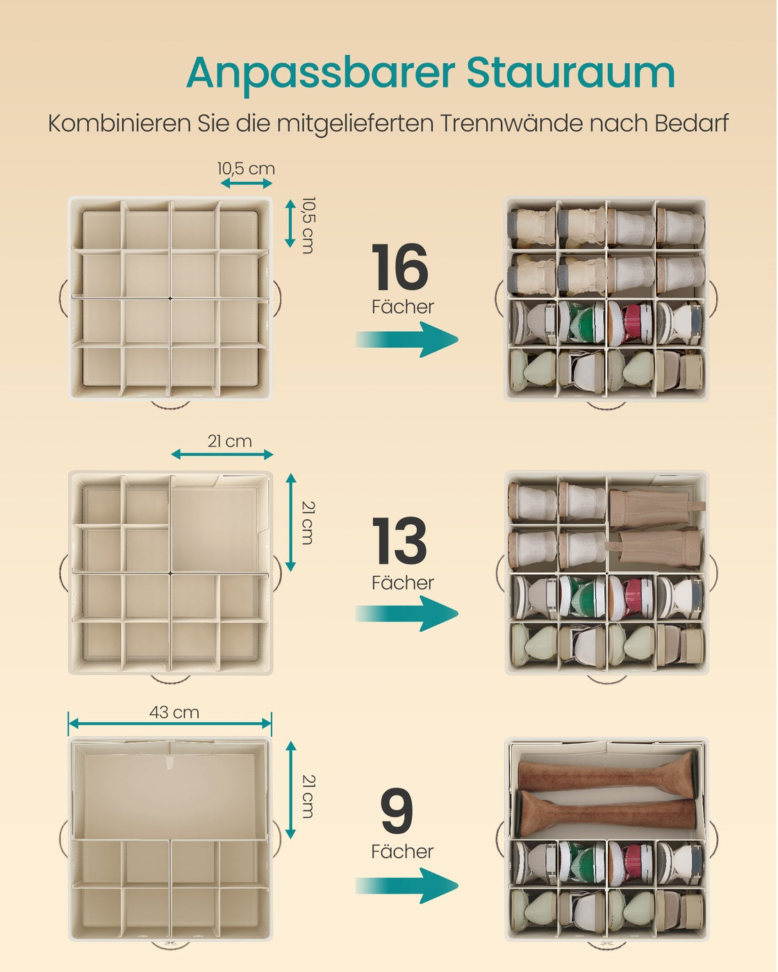 Schoenorganizer - 43 x 43 x 32 cm - geschikt voor maximaal 16 paar schoenen - cappuccinobeige - maximale draagkracht 18 kg