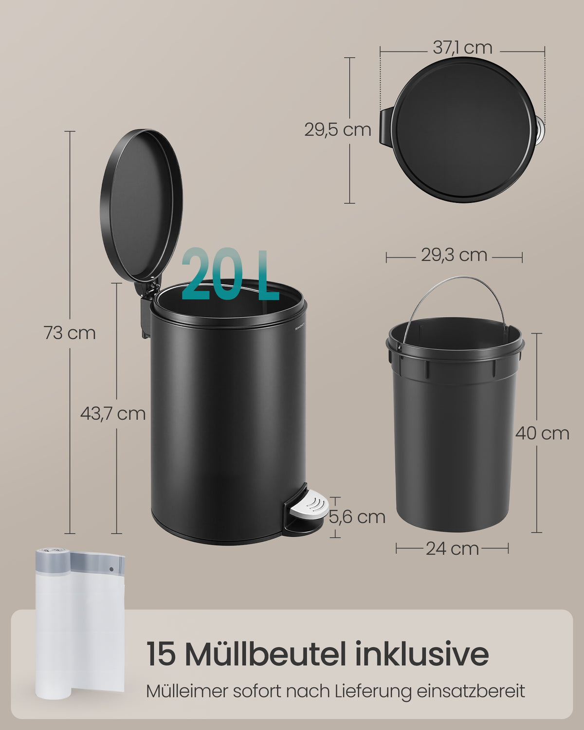 Pedaalemmer 20 Liter – Rond – Soft-Close Deksel – Uitneembare Binnenemmer – Zwart