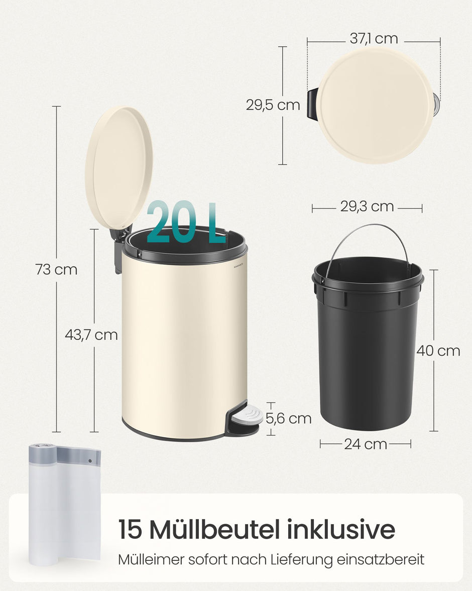 Pedaalemmer 20 Liter – Rond – Soft-Close Deksel – Uitneembare Binnenemmer – Beige