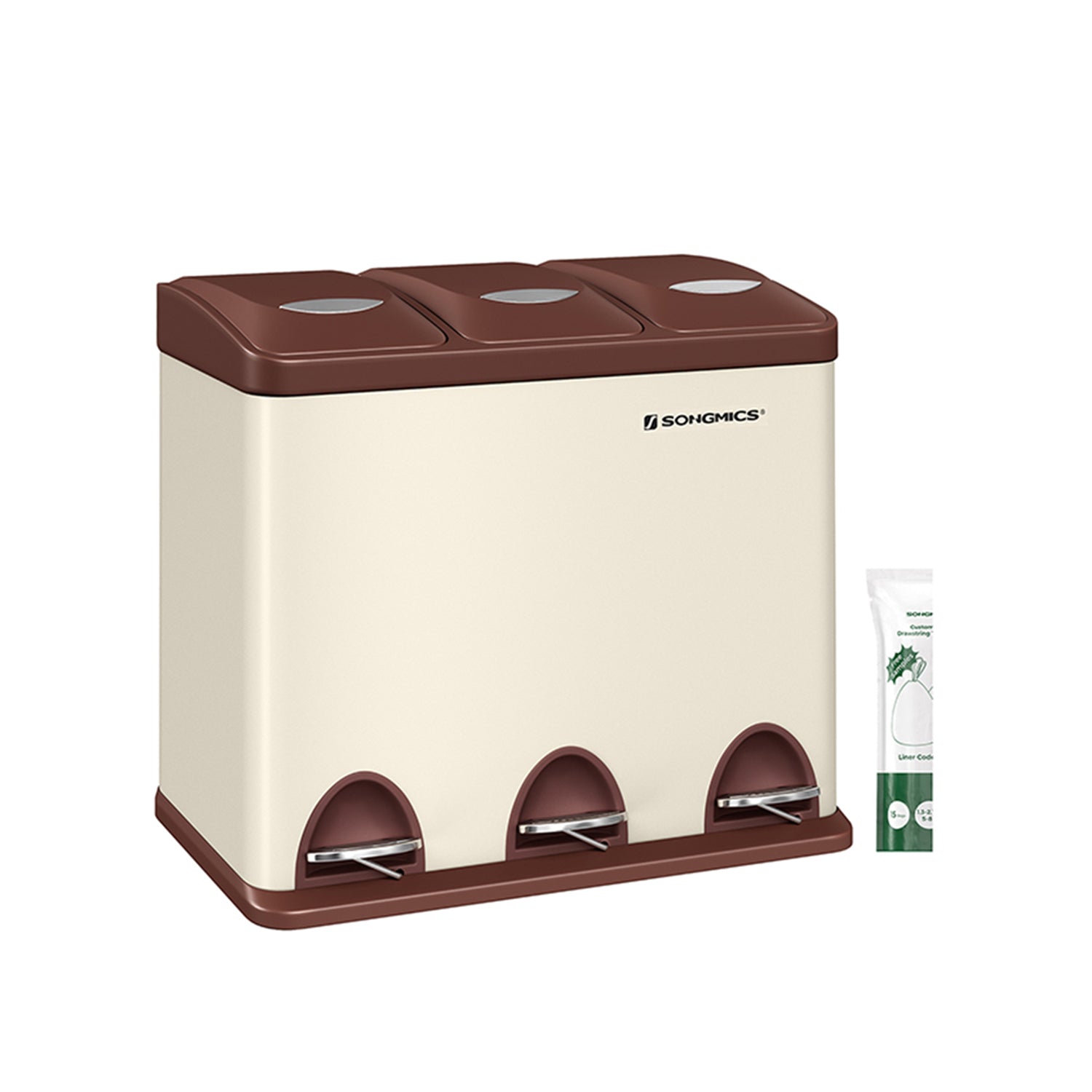 Müllbehälter-3 × 8 Liter-Deckel und innere Eimer-Crème-White & Braun