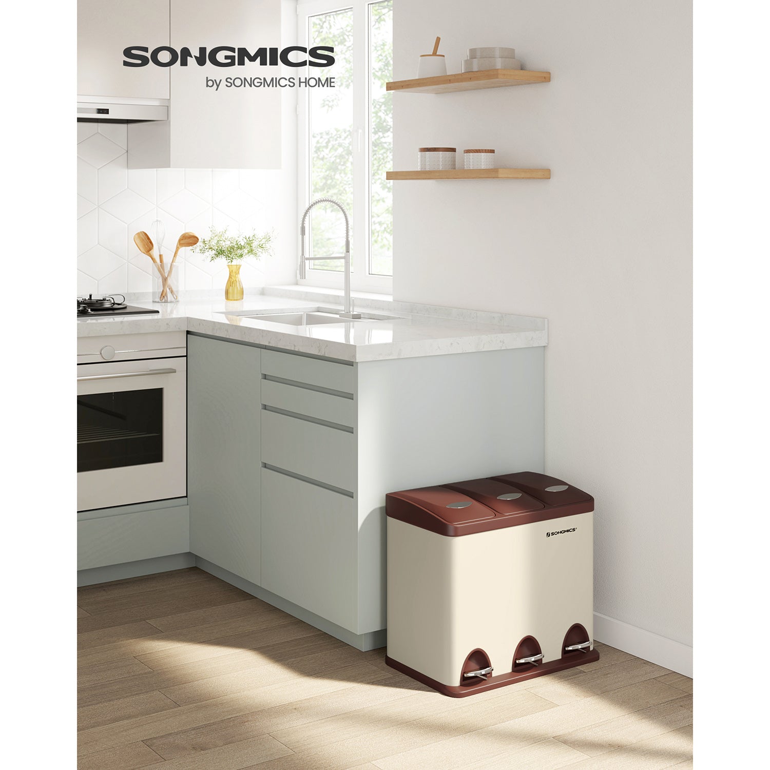 Müllbehälter-3 × 8 Liter-Deckel und innere Eimer-Crème-White & Braun