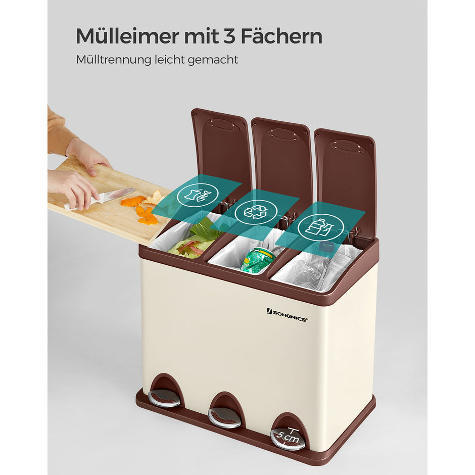 Müllbehälter-3 × 8 Liter-Deckel und innere Eimer-Crème-White & Braun