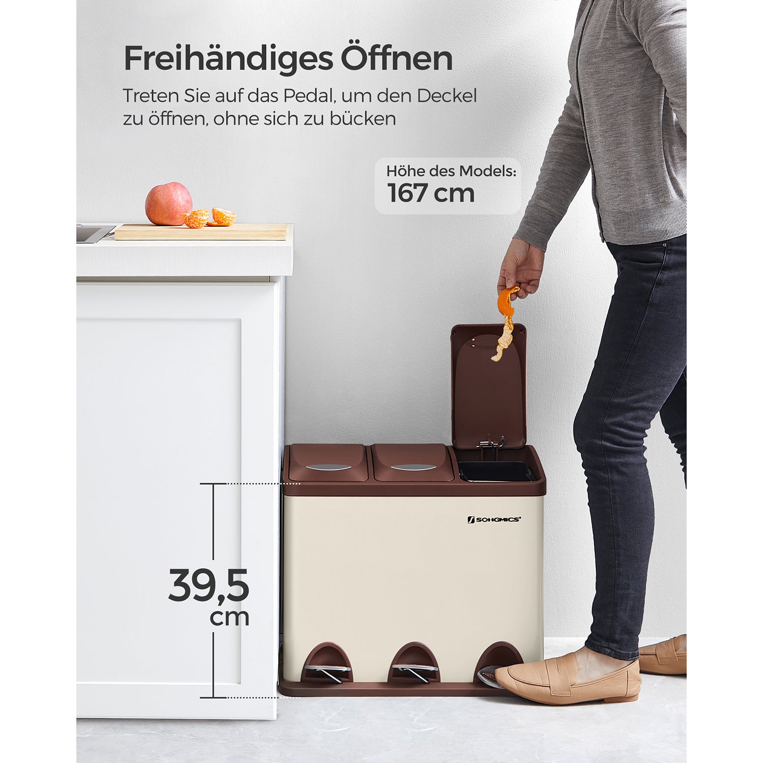 Müllbehälter-3 × 8 Liter-Deckel und innere Eimer-Crème-White & Braun