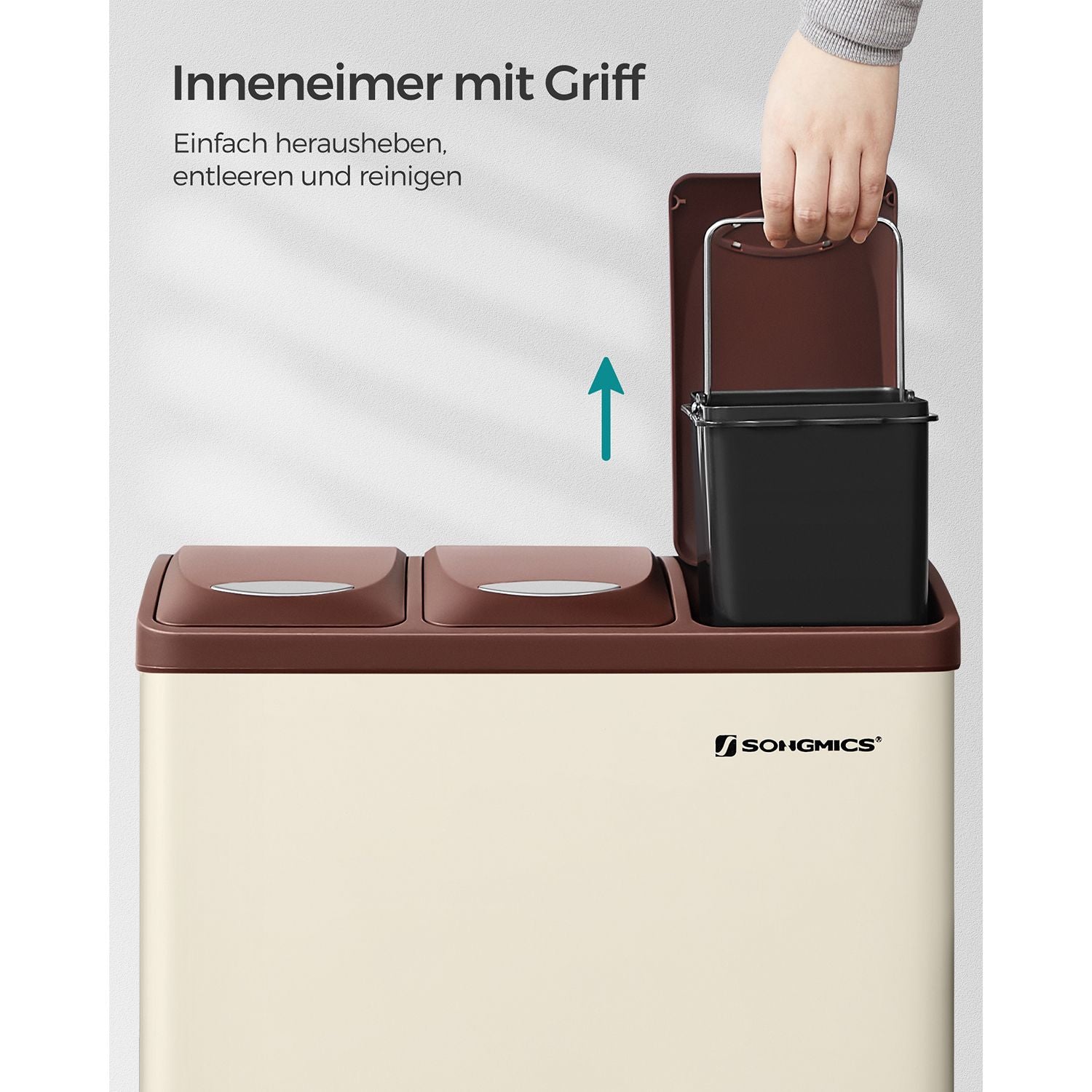 Müllbehälter-3 × 8 Liter-Deckel und innere Eimer-Crème-White & Braun