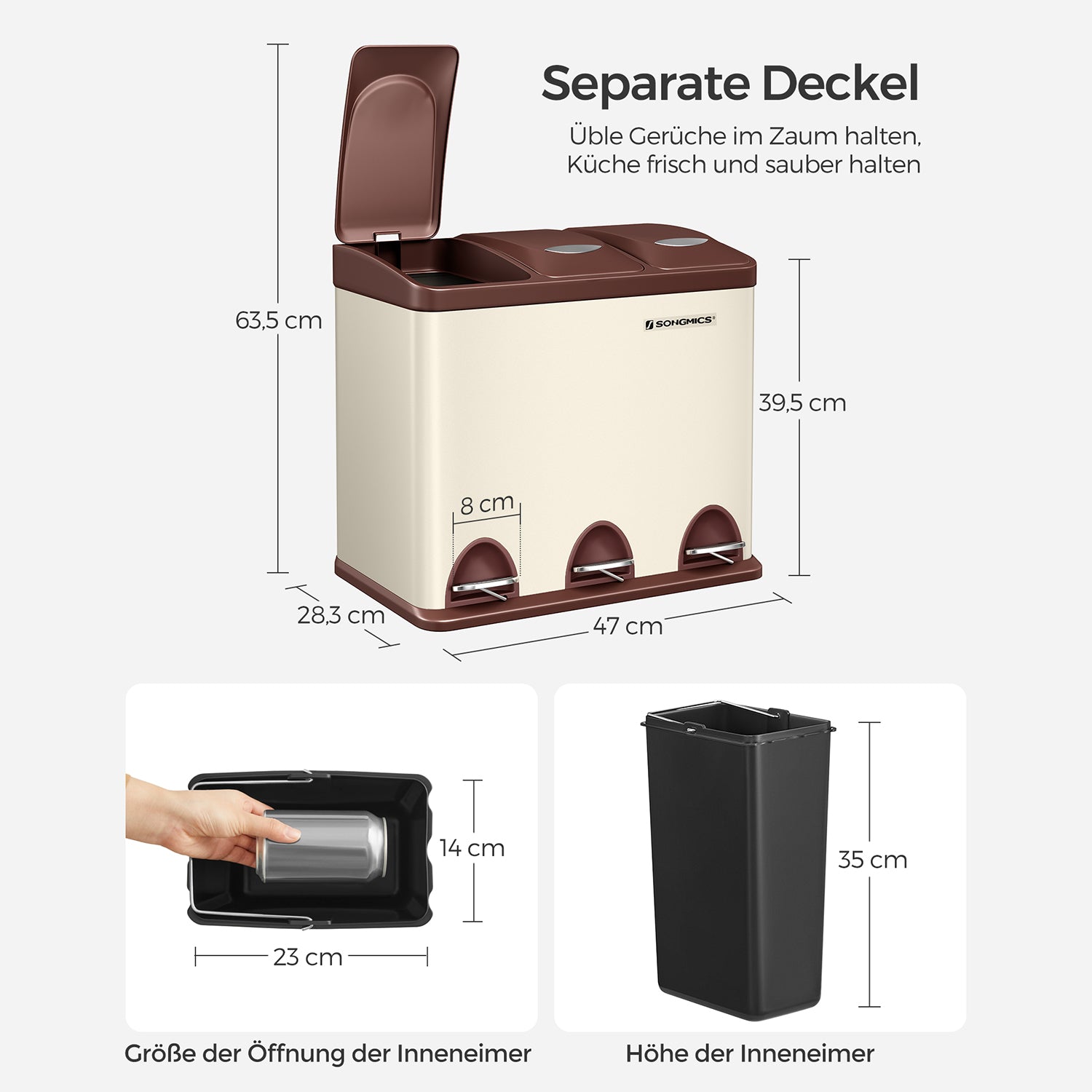 Müllbehälter-3 × 8 Liter-Deckel und innere Eimer-Crème-White & Braun