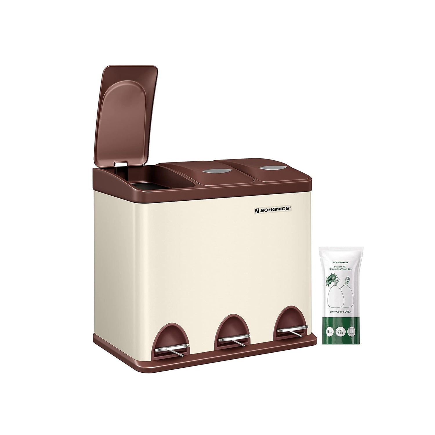 Müllbehälter-3 × 8 Liter-Deckel und innere Eimer-Crème-White & Braun