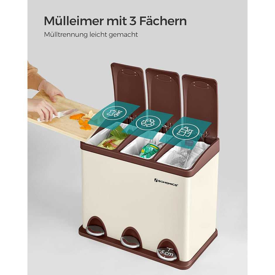 Müllbehälter-3 × 8 Liter-Deckel und innere Eimer-Crème-White & Braun