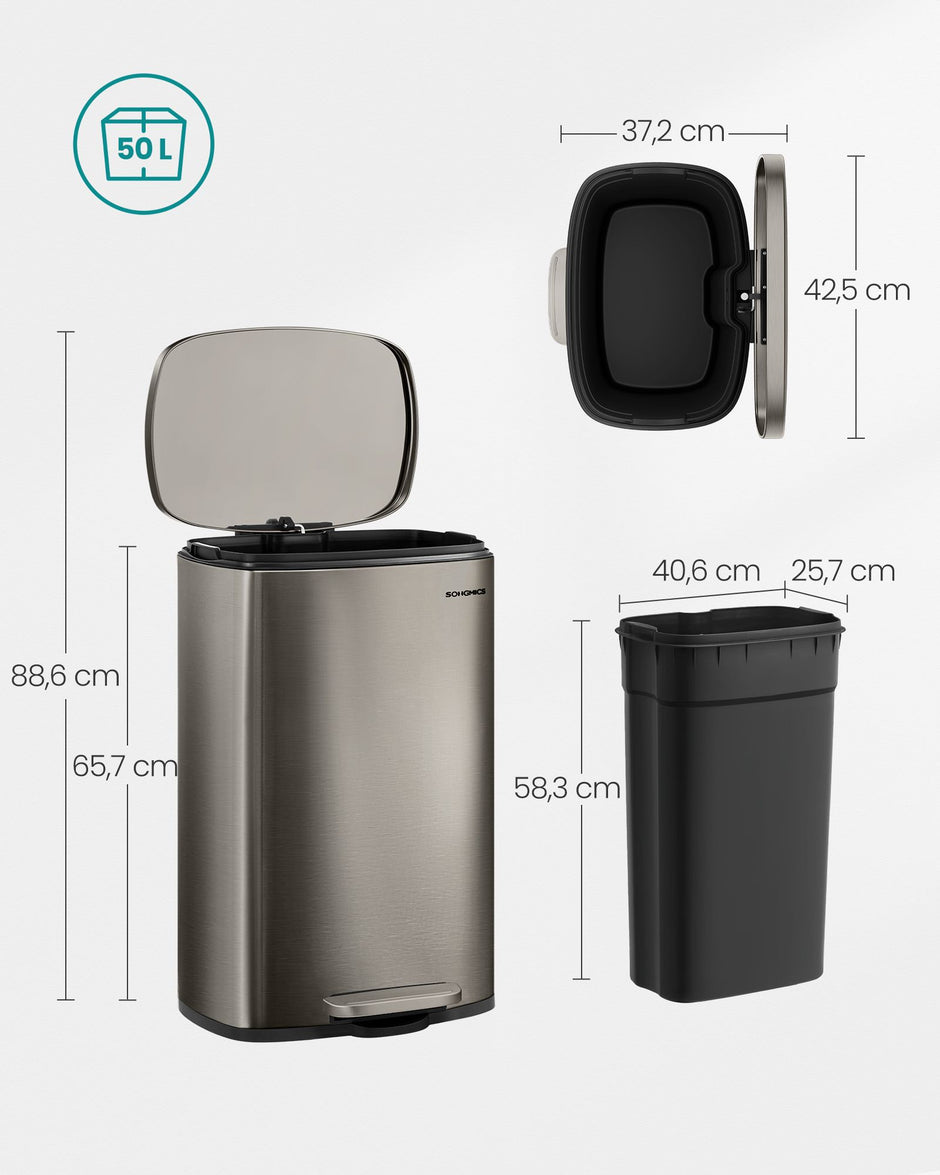 Pedaalemmer 50 Liter – RVS – Soft-Close Deksel – Met Binnenemmer – Zilvergrijs