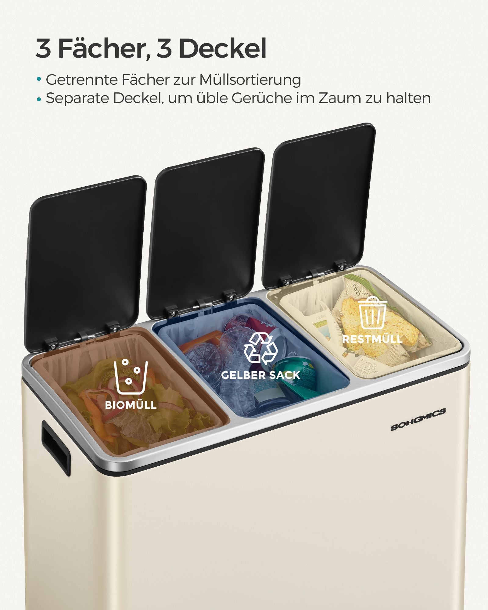 Abfalltrennsystem - 3 Kompartimente - 3 × 18 l - mit einem Sand -Beige -Deckel
