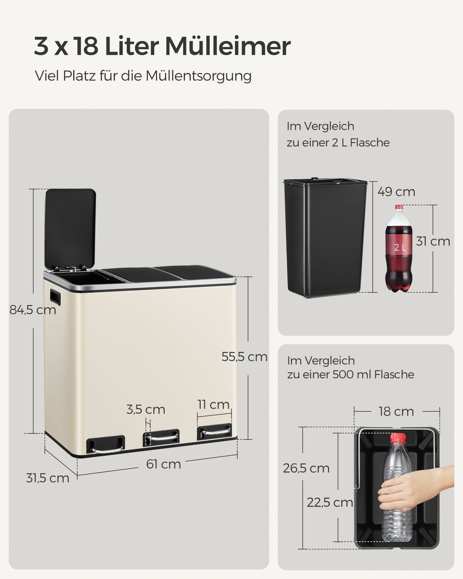 Abfalltrennsystem - 3 Kompartimente - 3 × 18 l - mit einem Sand -Beige -Deckel