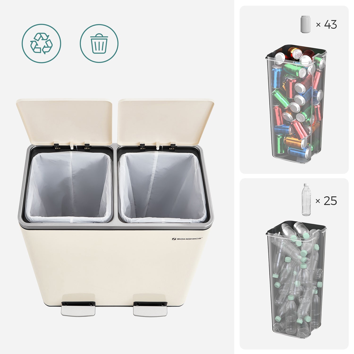 Müllbehälter - 2 x 30 Liter - mit Deckel und innerem Eimer - Crème White