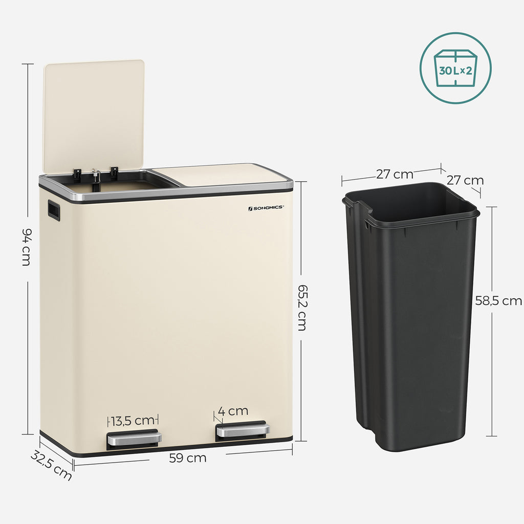 Müllbehälter - 2 x 30 Liter - mit Deckel und innerem Eimer - Crème White