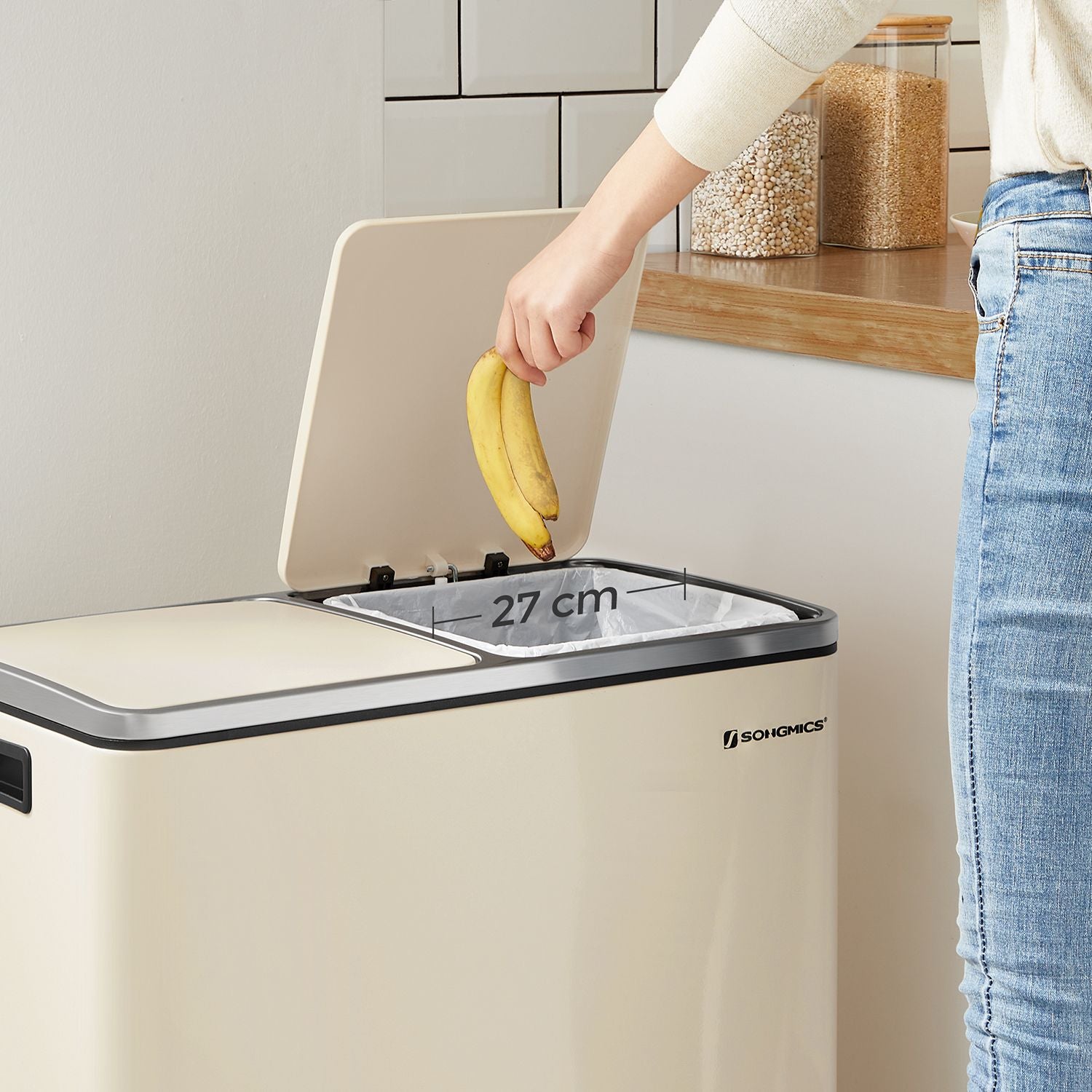 Müllbehälter - 2 x 30 Liter - mit Deckel und innerem Eimer - Crème White