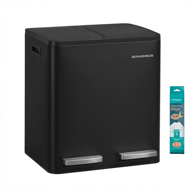 Afvalbak - 41,8 x 35,3 x 45,5 cm - 2 x 15 liter - Stalen behuizing - Uitneembare binnenemmer - Soft-close deksel - Zwart - 4,8 kg