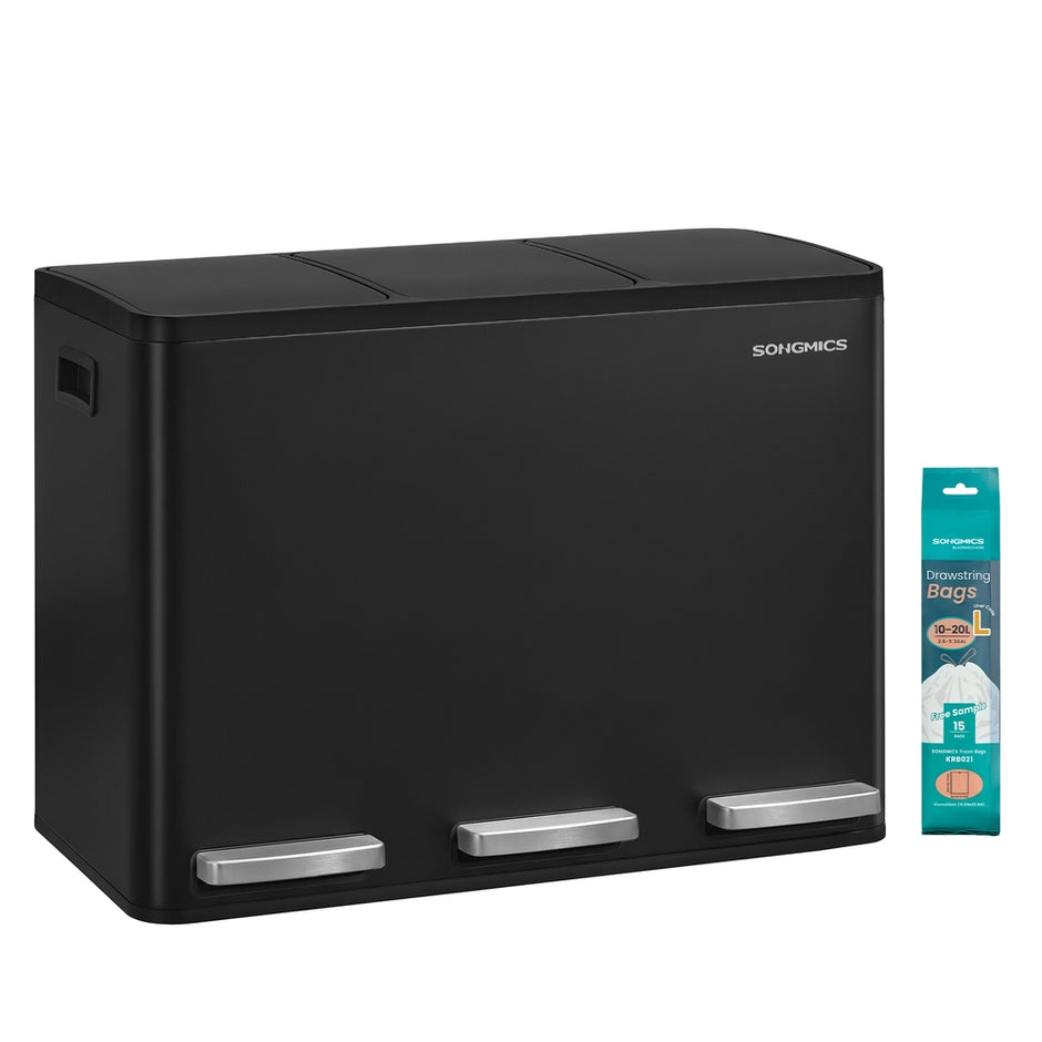 Afvalbak - 62 x 35,3 x 45,5 cm - 3 x 15 liter - 3 compartimenten - Roestvrij staal en PP-kunststof - Zwart - 7,2 kg