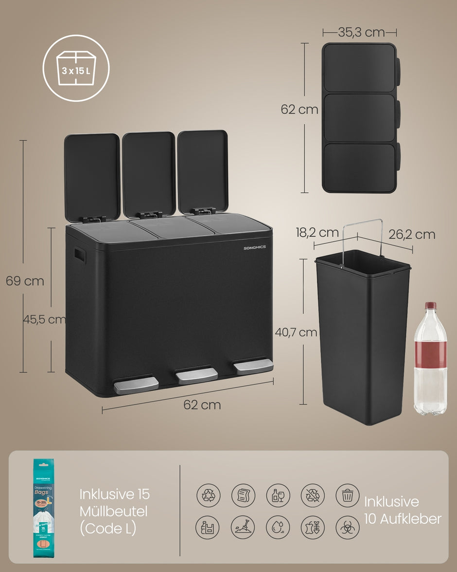 Afvalbak - 62 x 35,3 x 45,5 cm - 3 x 15 liter - 3 compartimenten - Roestvrij staal en PP-kunststof - Zwart - 7,2 kg
