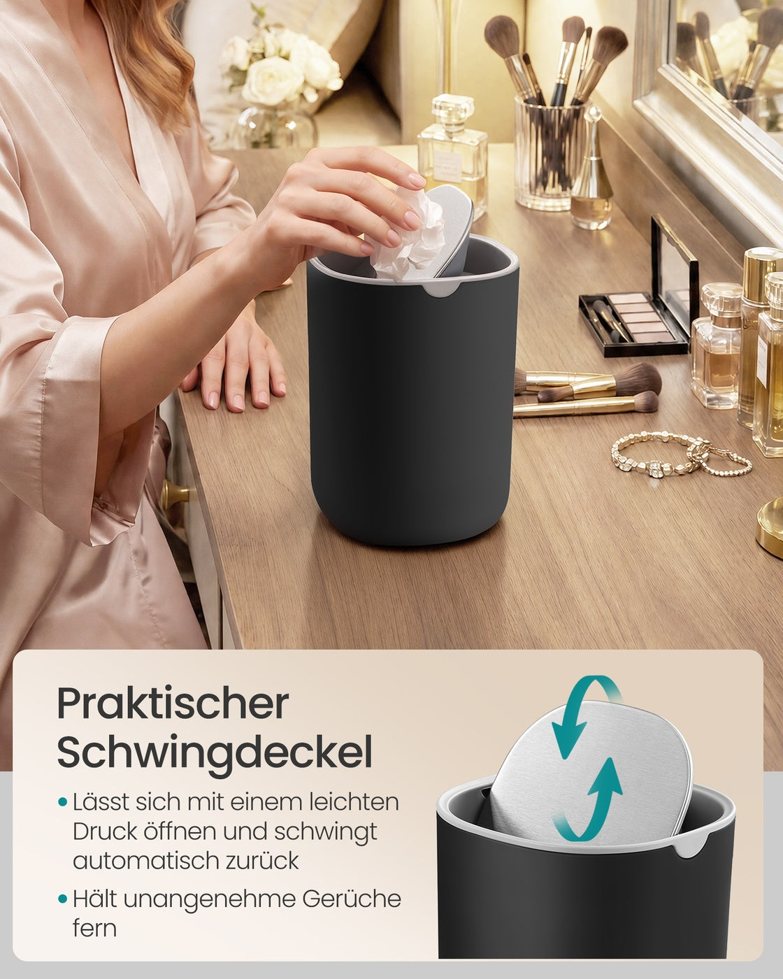 Tafelprullenbak - 1,5 Liter - Scharnierend Deksel - Roestvrij Staal - Zwart