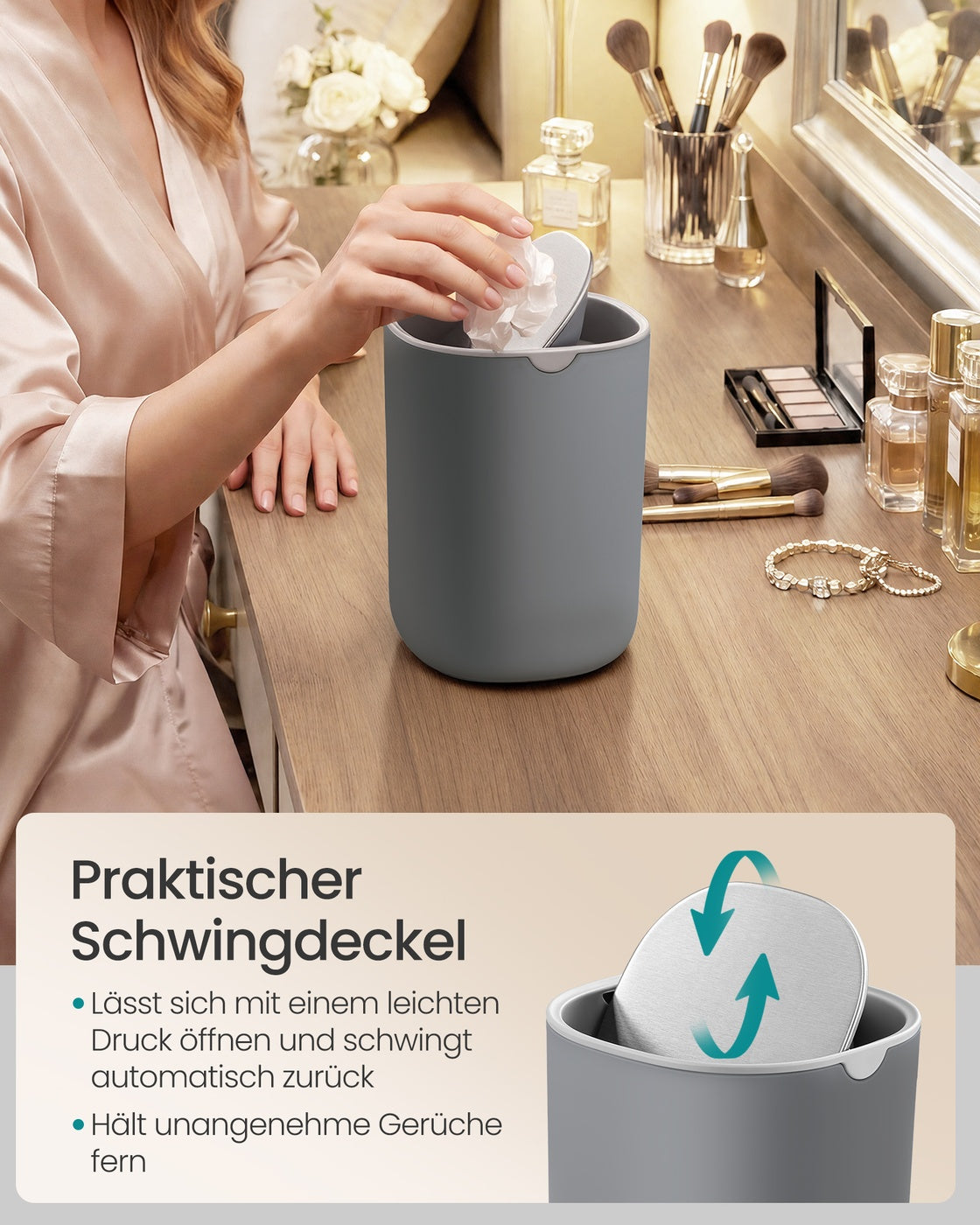 Tafelprullenbak - 1,5 Liter - Scharnierend Deksel - Roestvrij Staal - Grijs
