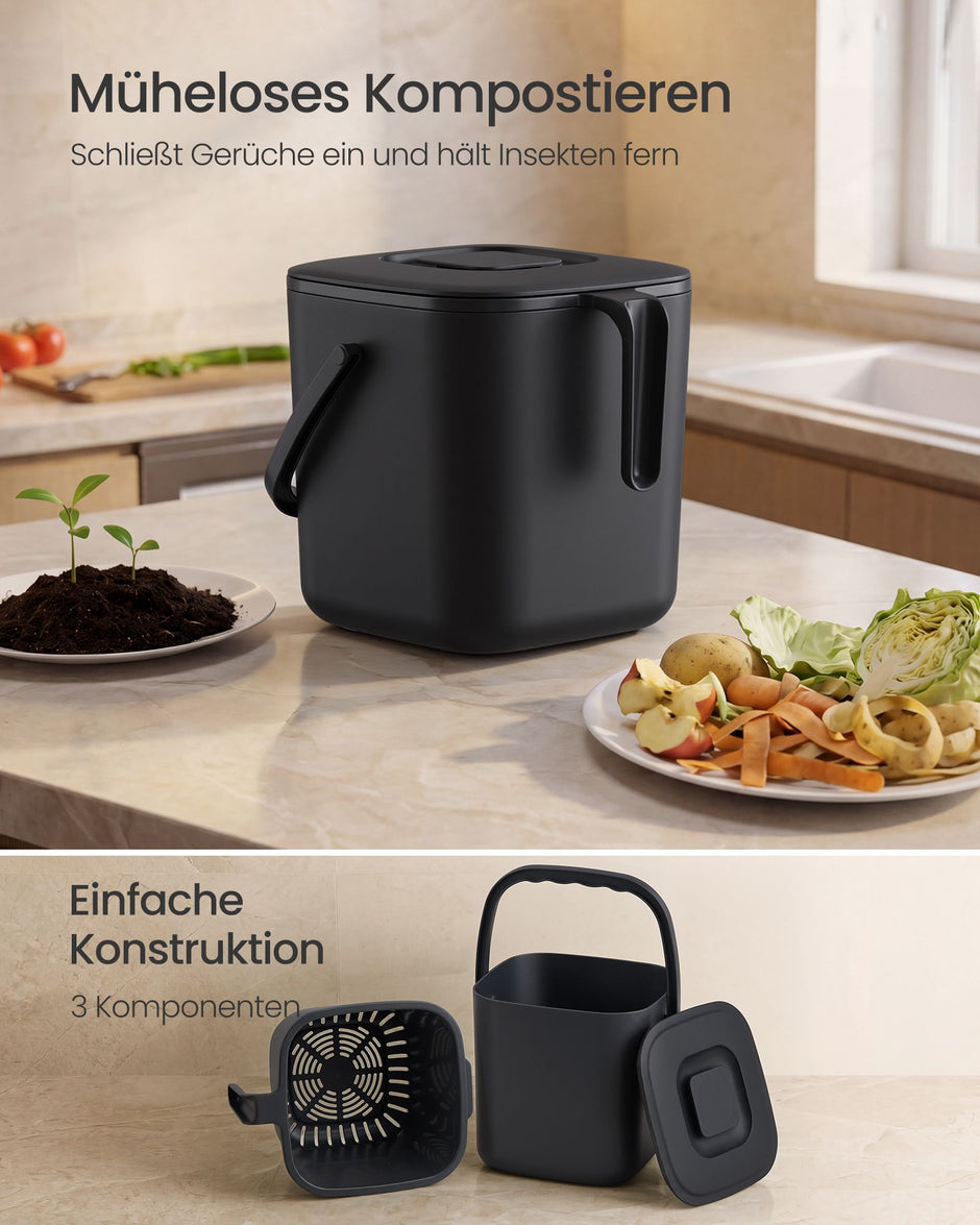 Gft-emmer - Geurdicht met Deksel en Handgreep - Zwart - 20 x 18,1 x 18 cm