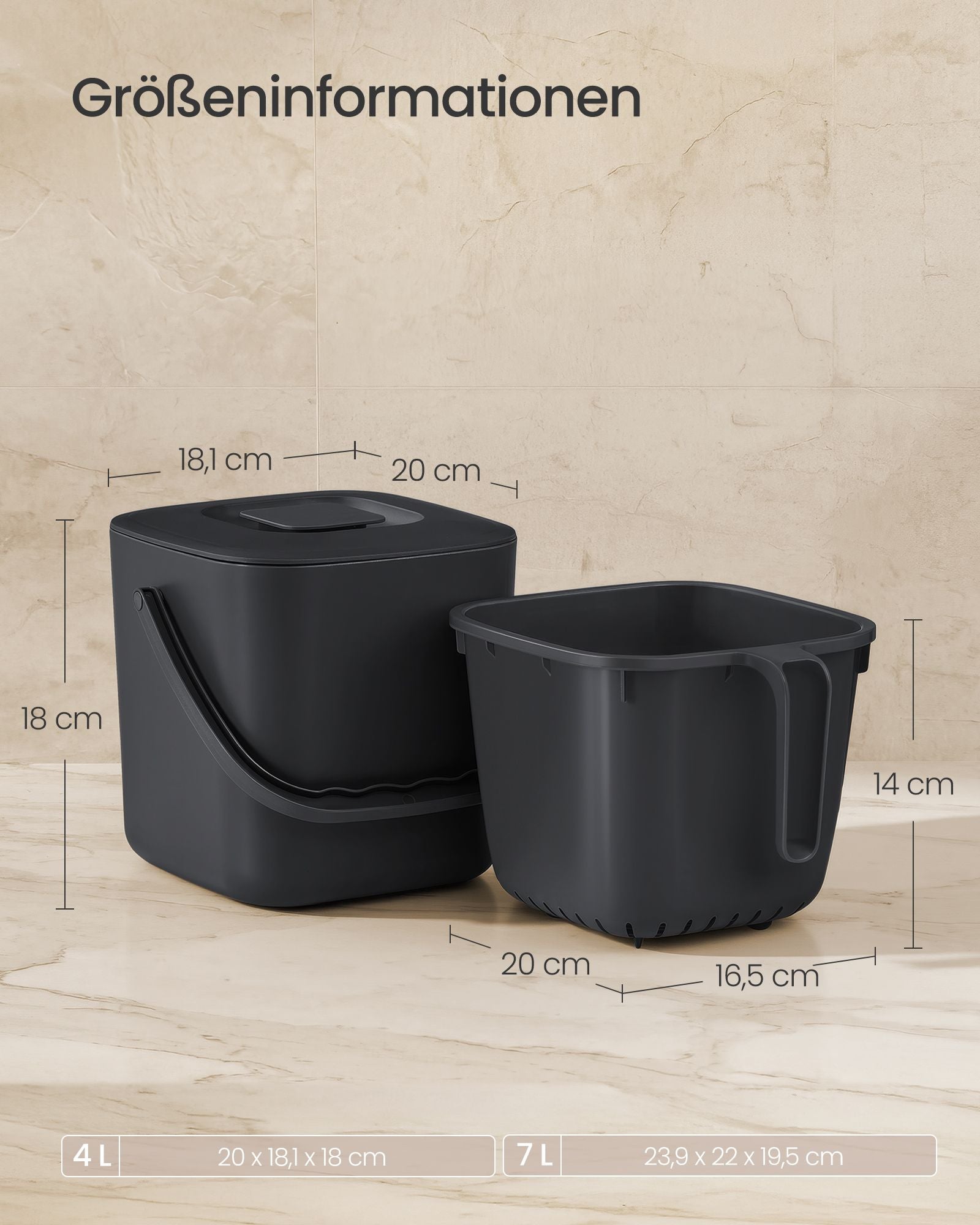 Gft-emmer - Geurdicht met Deksel en Handgreep - Zwart - 20 x 18,1 x 18 cm