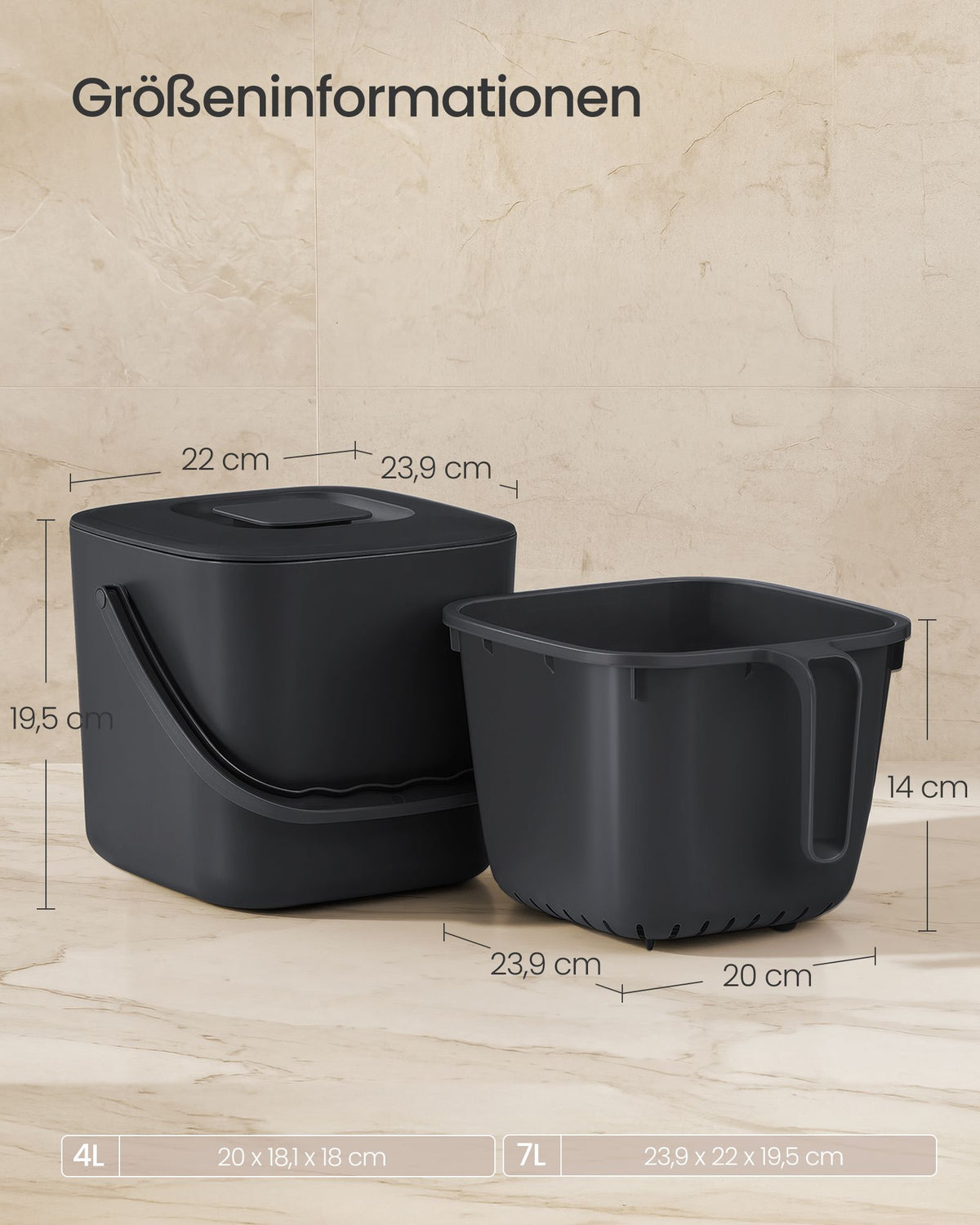 Gft-emmer - Geurdicht met Deksel en Handgreep - Zwart - 23,9 x 22 x 19,5 cm