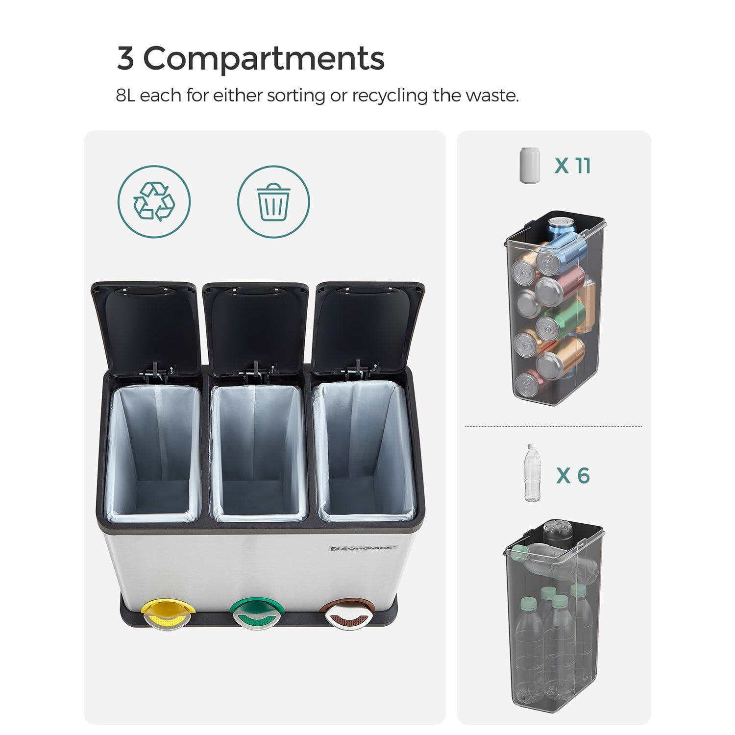 Abfallabteilung Bin-Pedal Bin-24 Liter-3-in-1-Silver