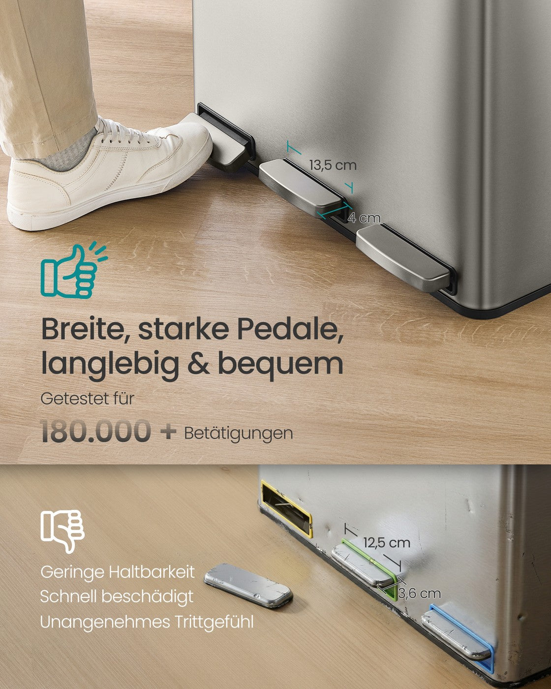 Afvalbak - 62 x 35,3 x 54 cm - 3 x 18 liter - Afvalscheidingssysteem met 3 compartimenten - Roestvrij staal - Zilver - Uitneembare binnenemmers - Soft-close deksel