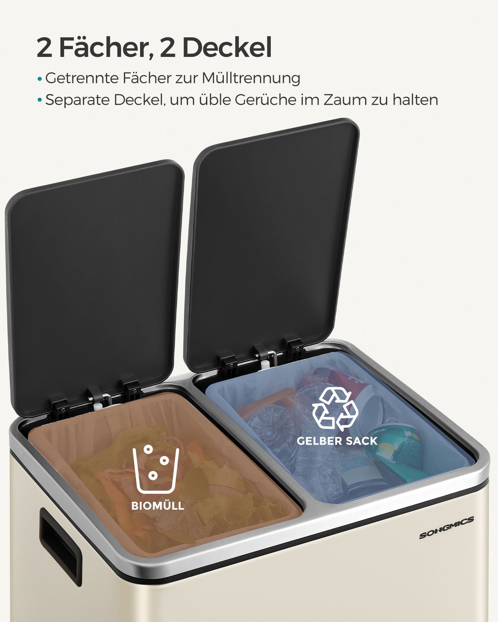 Abfallbehälter - Müllbehälter mit Abfalltrennung - 2 x 15 l - Softclose - Schwarz