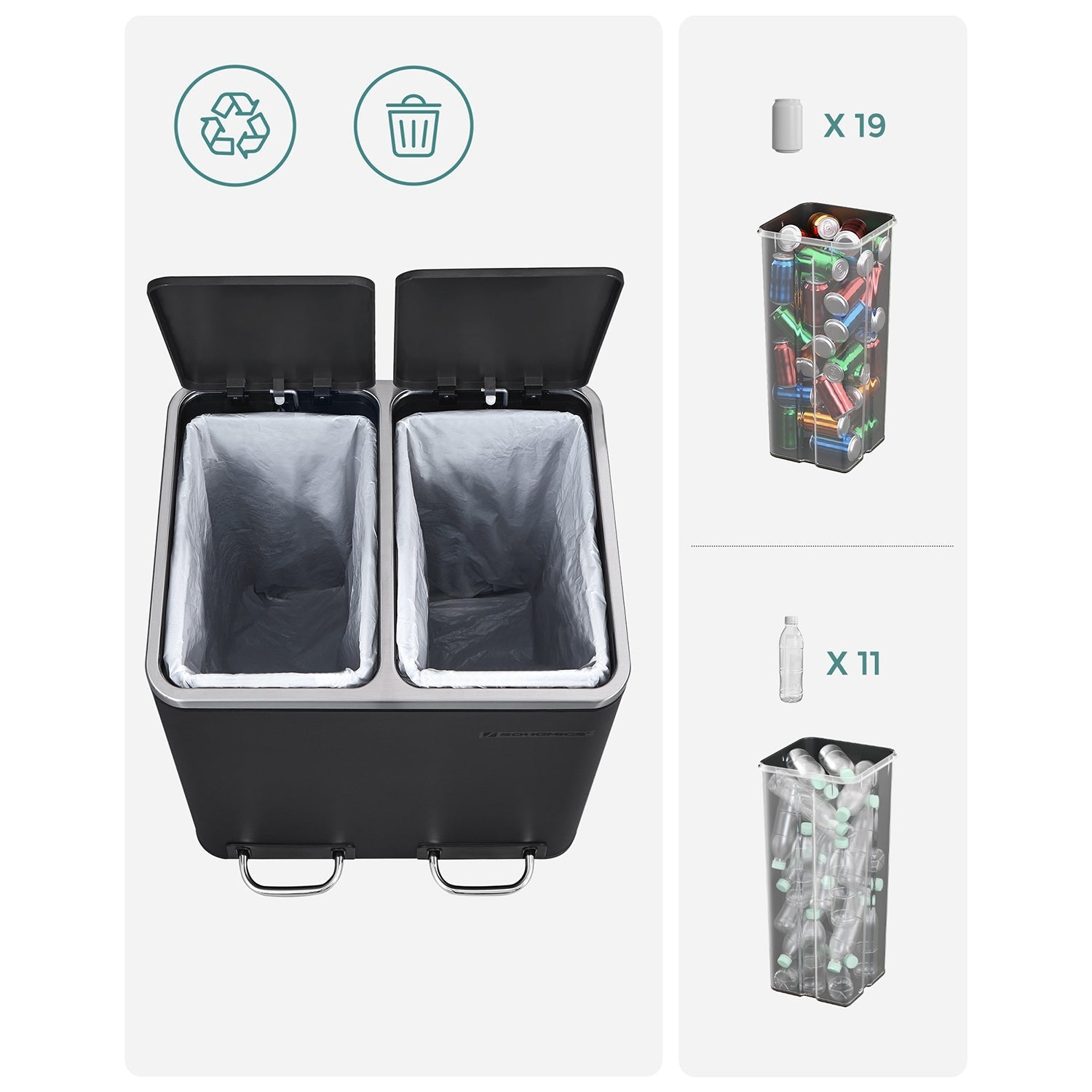 Abfallbehälter - Müllbehälter mit Abfalltrennung - 2 x 15 l - Softclose - Schwarz