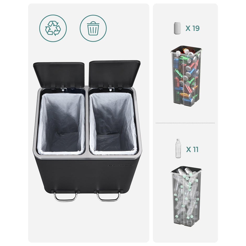 Abfallbehälter - Müllbehälter mit Abfalltrennung - 2 x 15 l - Softclose - Schwarz