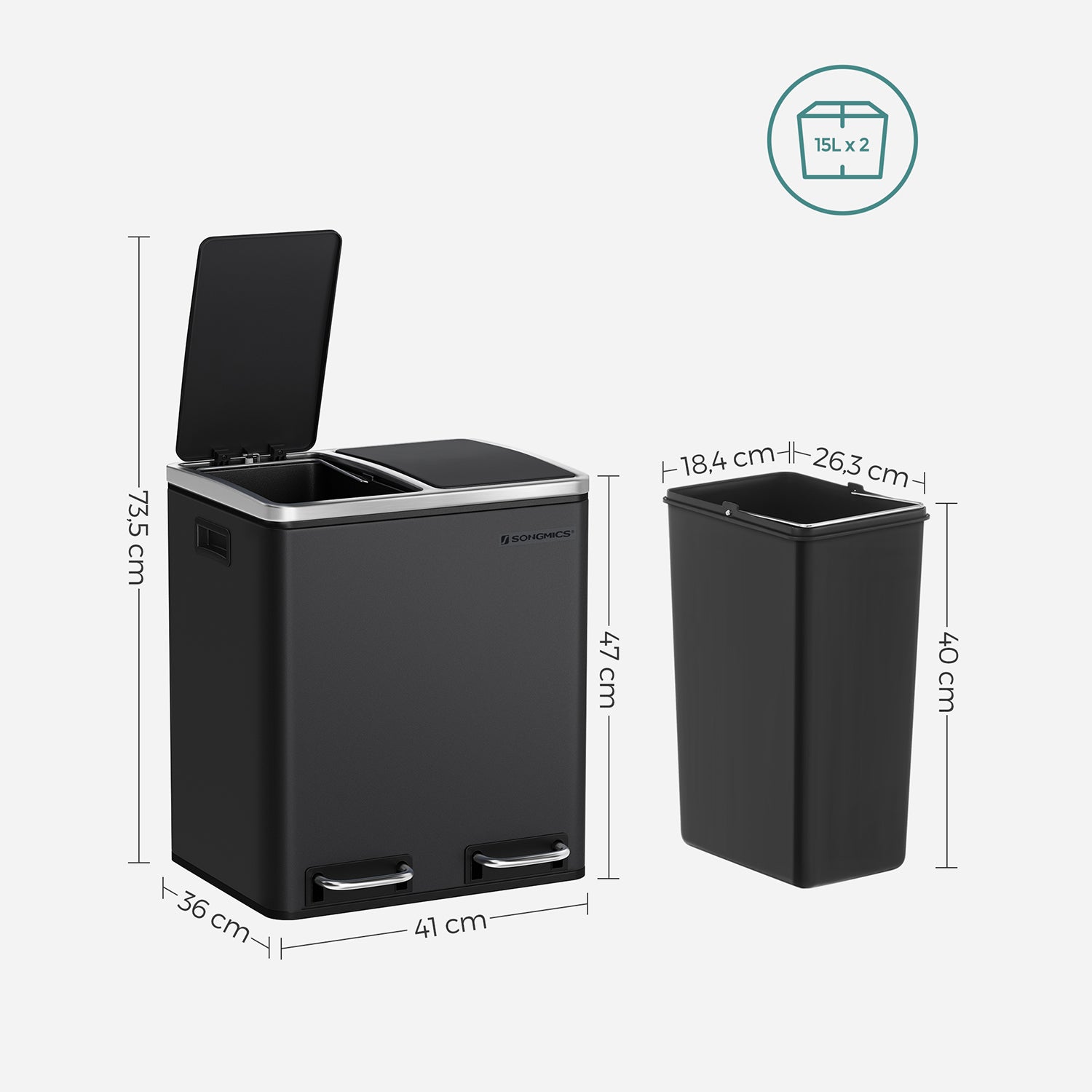 Abfallbehälter - Müllbehälter mit Abfalltrennung - 2 x 15 l - Softclose - Schwarz