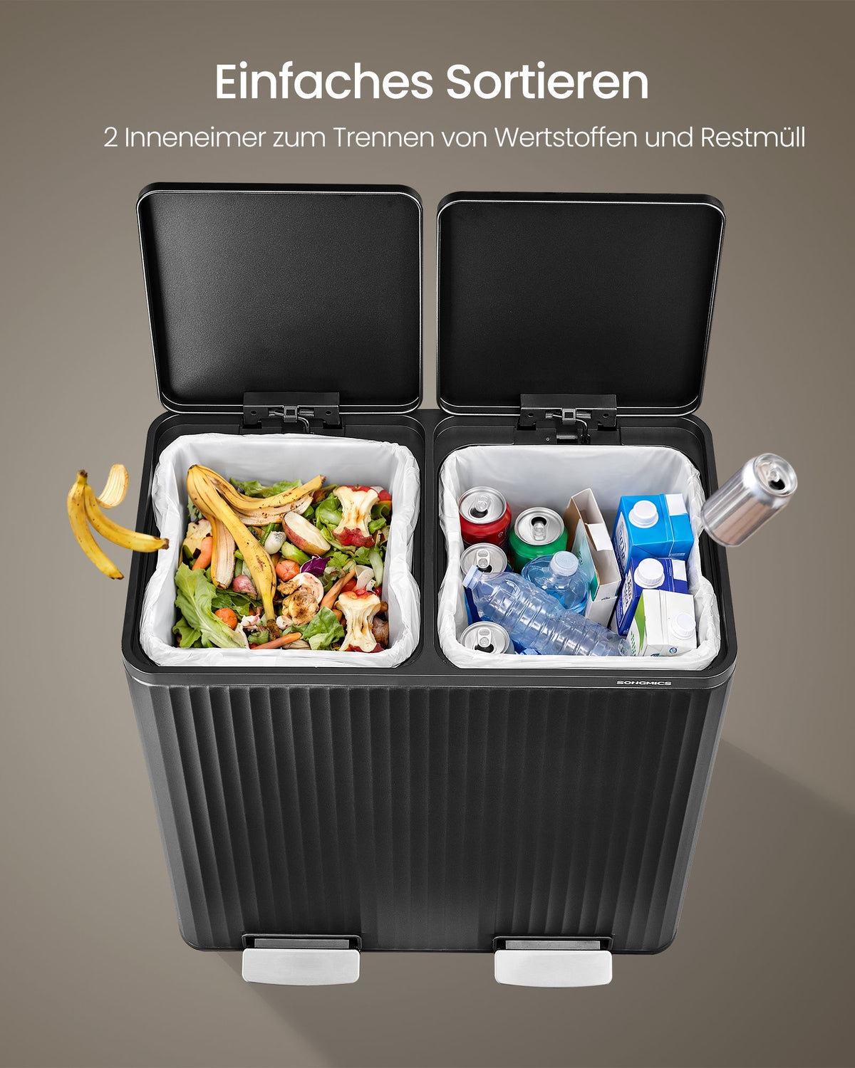 Afvalscheidingssysteem – 2 x 30 L – Staal – Soft-Close Deksel – Zwart