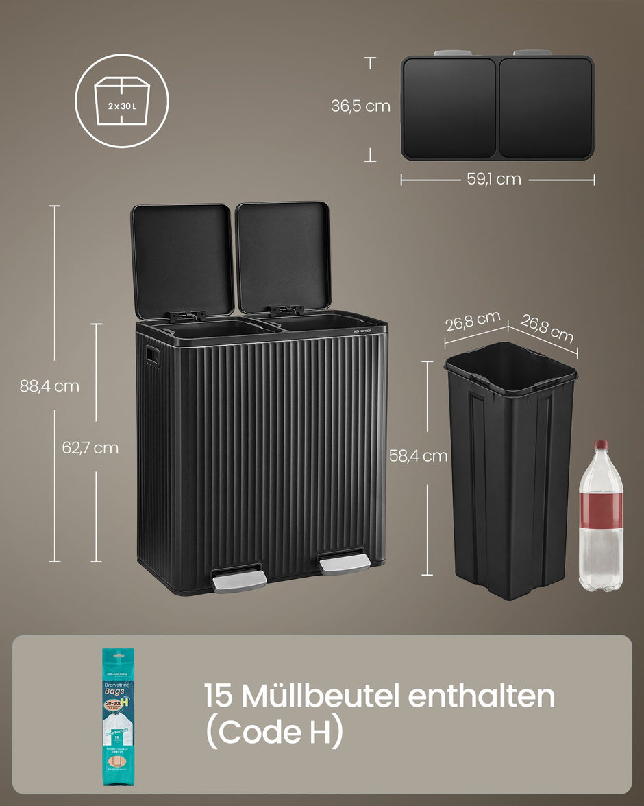 Afvalscheidingssysteem – 2 x 30 L – Staal – Soft-Close Deksel – Zwart