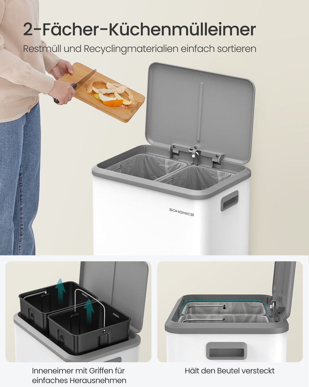 Abfalltrennsystem 2 Kompartimente für Recycling und Restabfälle, Wolkwit