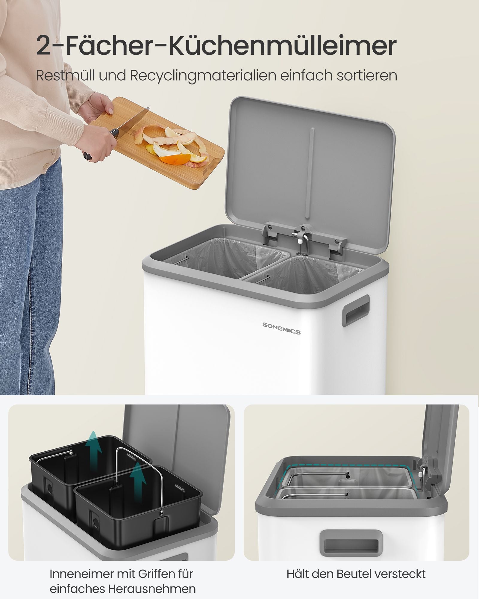 Abfalltrennsystem 2 Kompartimente für Recycling und Restabfälle, Wolkwit