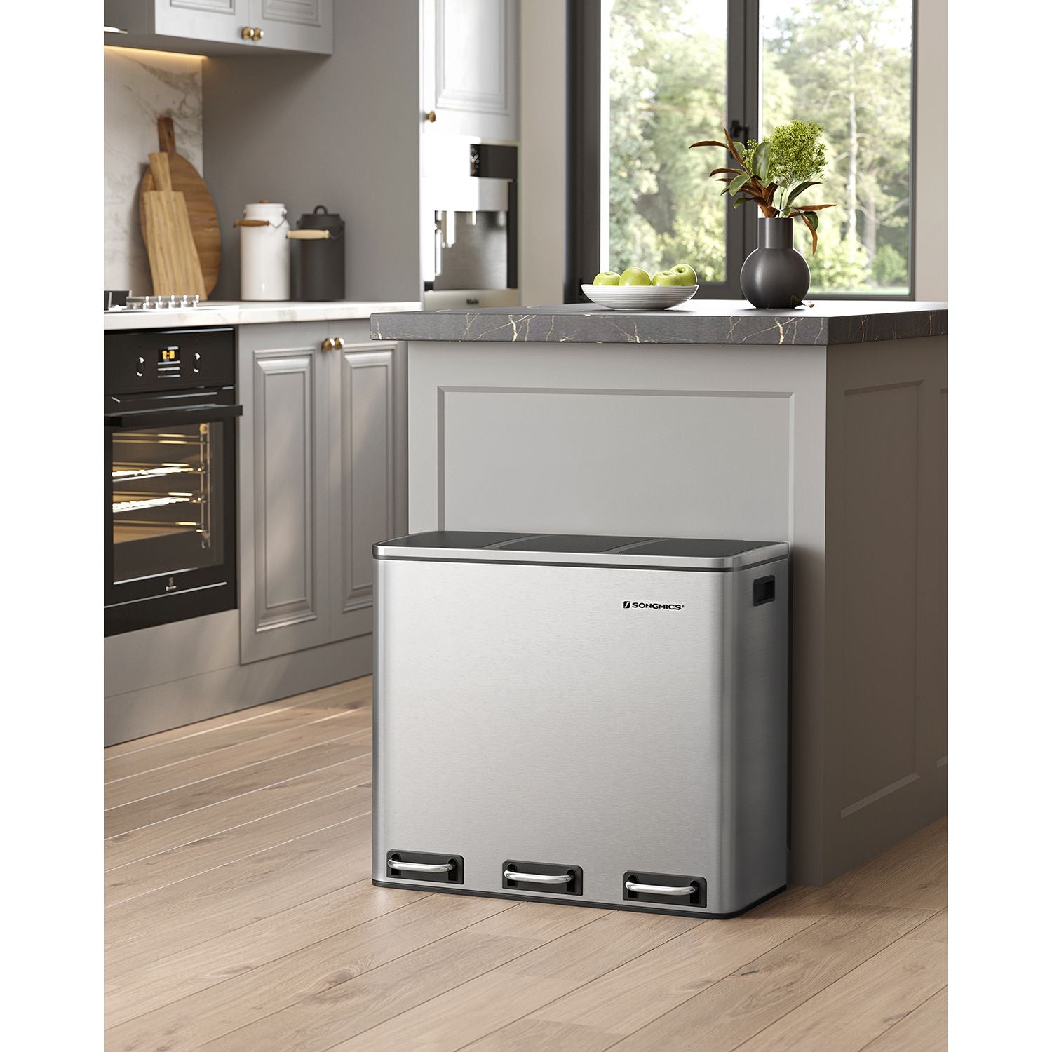 Müllbehälter - Abfalltrennung - 3 innere Eimer - 54 Liter - Silber