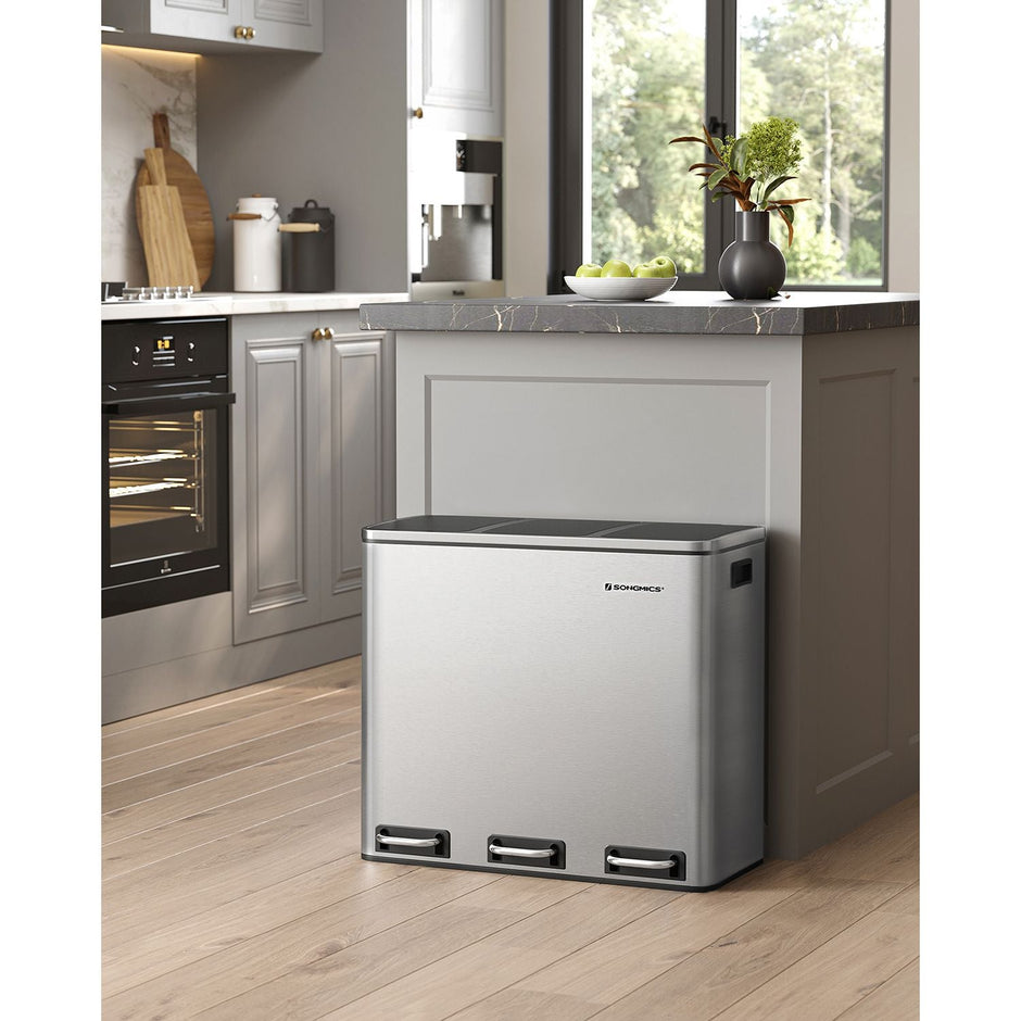 Müllbehälter - Abfalltrennung - 3 innere Eimer - 54 Liter - Silber