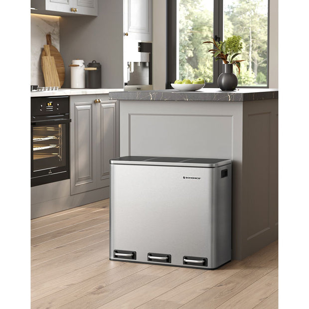 Müllbehälter - Abfalltrennung - 3 innere Eimer - 54 Liter - Silber